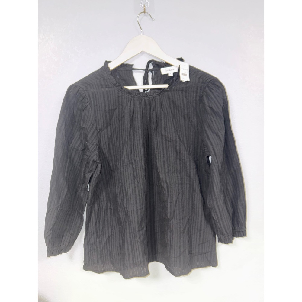 Böhme Black 3/4 Sleeve Ruffle Detail Top Keyhole Back Blouse Small NEW